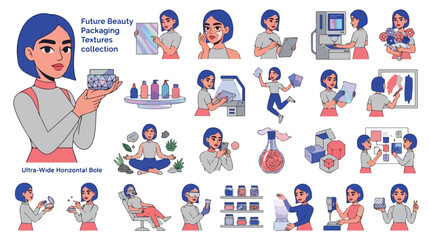 Fototapeta premium Future Beauty Packaging Textures collection, 20 cosmetic industry character illustrations, flat vector skincare production and lab research set