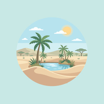 A peaceful desert oasis with palm trees and water