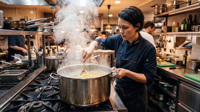 Chef Cooking Pasta in Boiling Water with Steam Rising