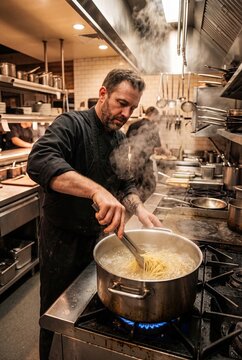 Chef Cooking Pasta in Boiling Water with Steam Rising