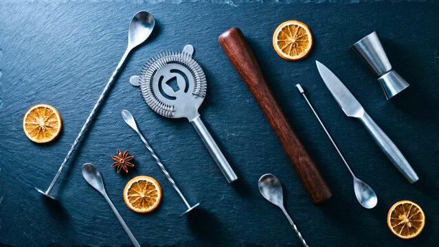Cocktail mixing tools bar spoon strainer jigger on dark slate overhead flat lay, cocktail bar tools concept, bartending tools overhead, cocktail making tools, bartender kit product photography