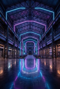 Empty Industrial Hall with Futuristic Lighting Interior