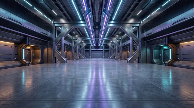 Empty Industrial Hall with Futuristic Lighting Interior