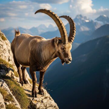 Majestic wild goat with long curved horns stands poised on a rugged mountain ledge overlooking a deep valley.