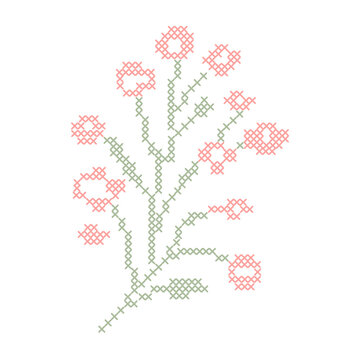 Pink cross stitch embroidery field flowers bouquet isolated on white background. A geometric pixelated needlework wildflower branch motif for cottagecore crafts, textiles, traditional sampler patterns