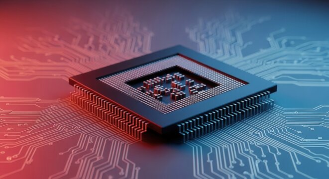 Close-up of a modern computer microchip on circuit board with digital background