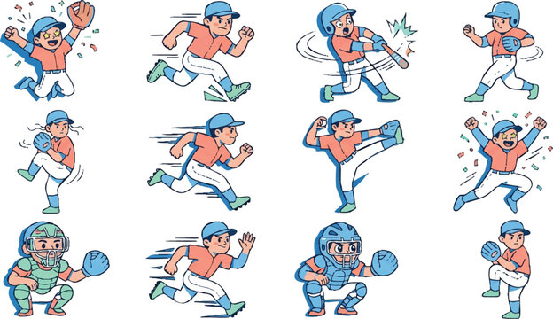 Baseball player in various poses action.