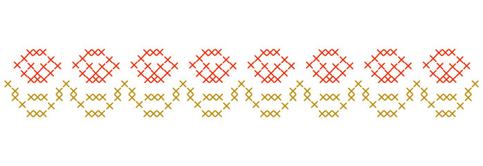 Folk cross stitch ribbon tapestry border and geometric floral sampler frames. Whimsical pixelated flower embroidery needlework design for cottagecore wedding invitations, vintage wall art, decor. © millering