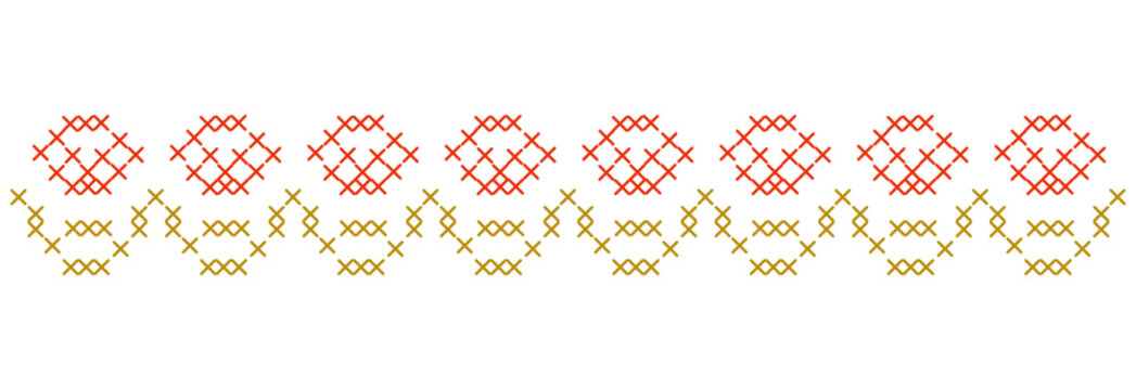 Folk cross stitch ribbon tapestry border and geometric floral sampler frames. Whimsical pixelated flower embroidery needlework design for cottagecore wedding invitations, vintage wall art, decor.