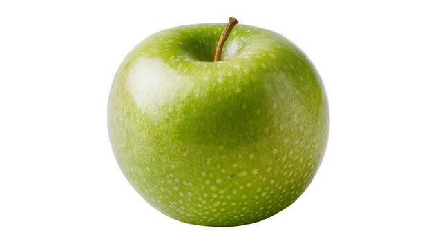 Bright green Granny Smith apple with stem, isolated on transparent background