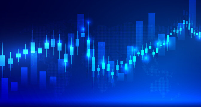 Stock market chart on blue background, business graph with uptrend line and glowing light effect, vector illustration.