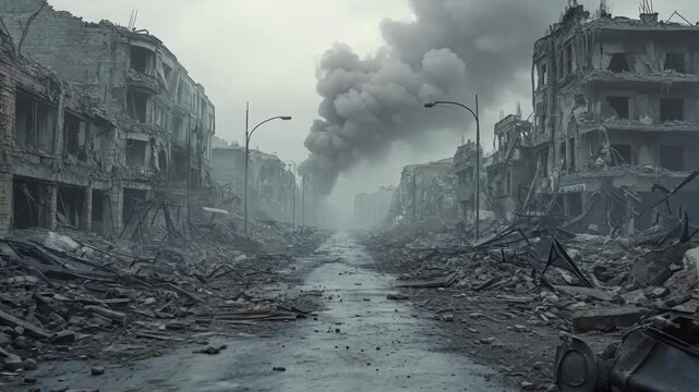 Destroyed urban street with ruined buildings debris and empty road under cloudy sky creating post apocalyptic disaster scene with realistic environment dramatic atmosphere and high detail cityscape