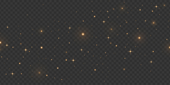 Abstract golden magical lights with glowing bright particles and stars on dark transparent background. Orange glittering stardust for holiday or fantasy visuals. Vector illustration.