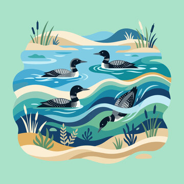 A group of loons swimming in a peaceful blue lake scene