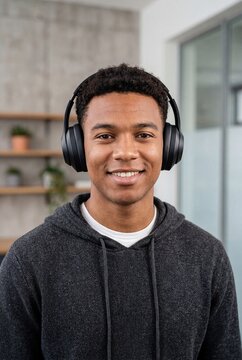 Young Man Wearing Headphones Smiling at Camera