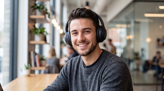 Young Man Wearing Headphones Smiling at Camera