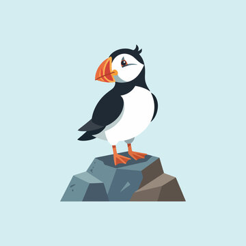 A cute cartoon puffin standing on a rocky cliff edge
