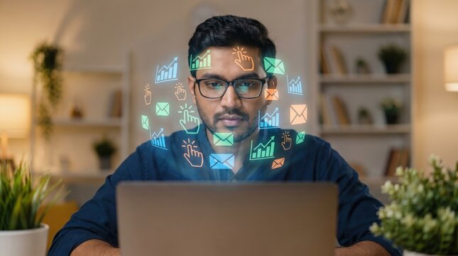 Digital Marketing Concept featuring Indian Marketer, Holographic Analytics Graphs, and Blogging Content Data over Blurred Office Background