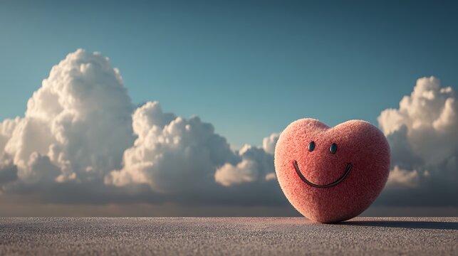 Fluffy Pink Heart with Happy Face Against a Dramatic Cloudy Sky Background. Realistic 3D Render