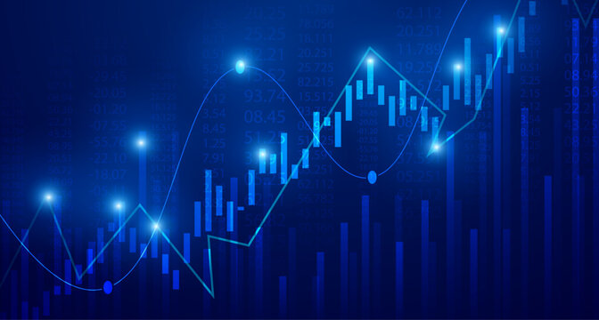 Abstract stock market financial graph with candlestick chart and trending lines.