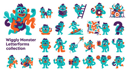Fototapeta premium Wiggly Monster Letterforms collection, cute teal and orange cartoon character set, playful alphabet mascot vector illustrations for kids