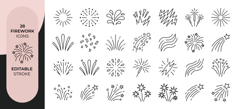 Fireworks Celebration Outline Icon Set Editable Stroke Vector