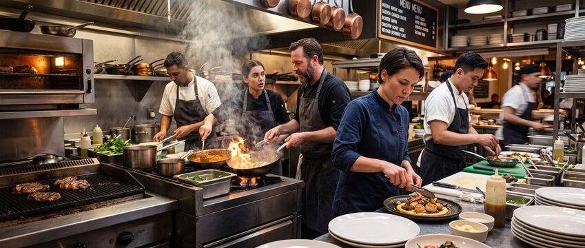 Professional Chef Team Working During Busy Restaurant Service
