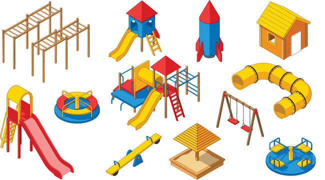 Isometric playground equipment vector set with slides swings seesaw monkey bars and park play elements collection
