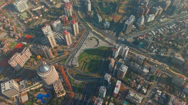 Aerial Top Down Plaza Rene Schneider Roundabout and Surrounding High Rise Buildings in Las Condes Santiago de Chile