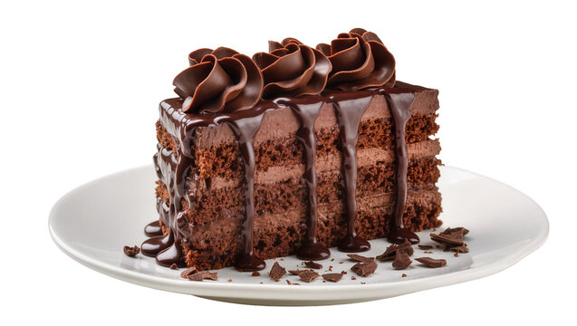 Decadent chocolate cake slice with rich ganache and frosting swirls, isolated on transparent background