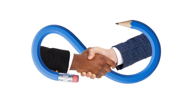 Business handshake framed by blue infinity pencil symbol. Concept of lasting partnerships, corporate trust, continuous collaboration and sustainable agreements.