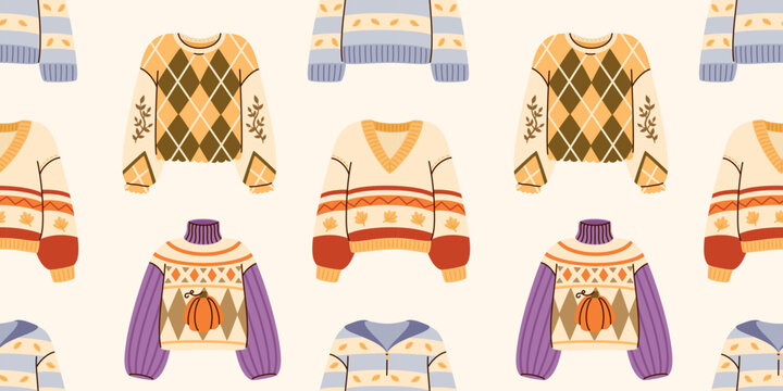 A seamless pattern featuring cozy autumn sweaters with patterns. Perfect for textile printing, wallpaper, and packaging.