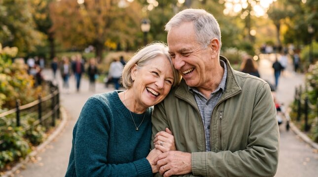 A joyful medium-wide shot of a happy senior couple laughing while walking in an autumn park, showing healthy aging and love