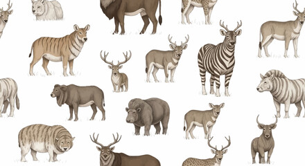 Obraz premium A collection of diverse illustrated mammals including deer, zebras, and bison on a white background.