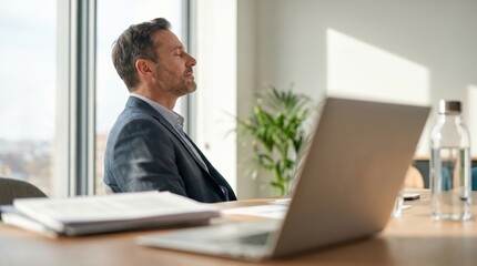 Naklejka premium Corporate Wellness and Mental Health Concept: Side Profile of Mindful Businessman Taking a Deep Breath and Meditating in Bright Modern Office for Stress Relief and Work-Life Balance