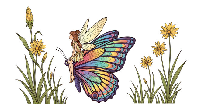 A whimsical illustration of a fairy with large, rainbow-colored butterfly wings sitting amidst yellow flowers and green plants.