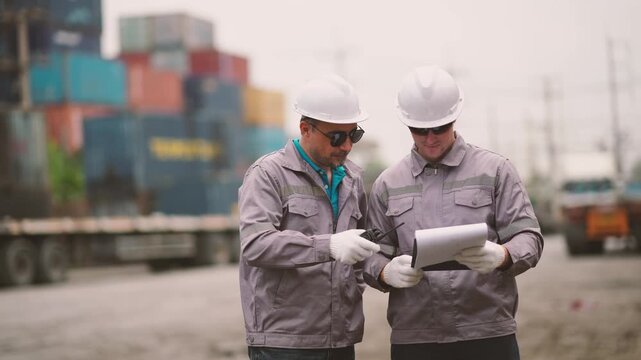 Two generation logistics professionals coordinate cargo handling activities while checking documents and communicating operational plans. Freight forwarding, shipment tracking.