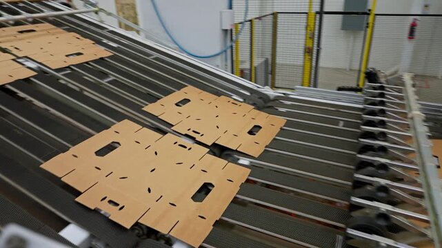 Automated machinery processing cardboard sheets along packaging production line in factory, tracking follow from roller cutout to stacking sorter