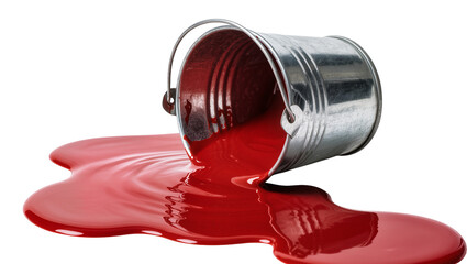 Metal bucket spilling bright red liquid, isolated on transparent background © Constantin