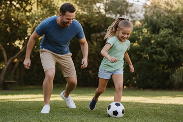 Obraz premium Father and Daughter Playing Soccer Together in Park Family Bonding and Outdoor Fun