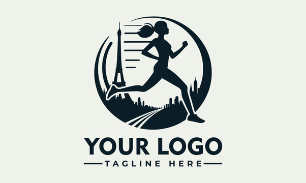 Female runner marathon in Paris city vector logo illustration for sports