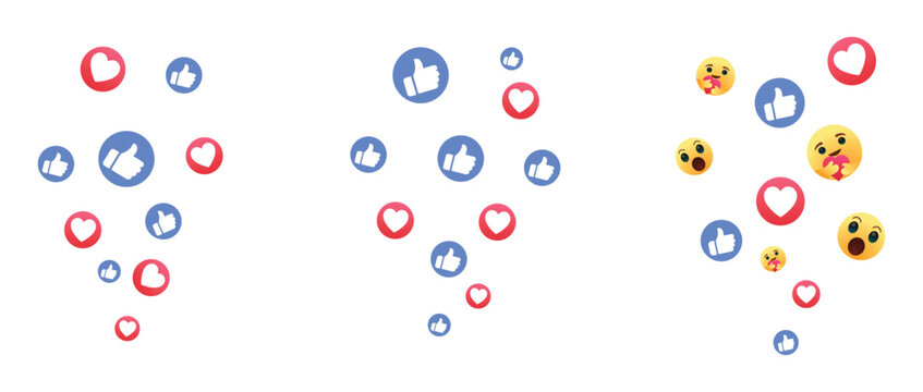 Social Media Reaction Elements flying. Floating like, heart and emoji icons vector set for digital engagement, live stream feedback, notification and app interaction