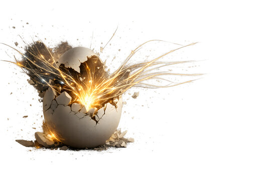 Cracked eggshell bursting open with explosive golden light streaks and particles on a white background, representing creative innovation, technology breakthrough, and growth.