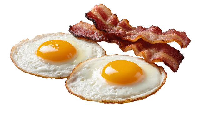 Crispy fried bacon strips and sunny-side-up eggs, isolated on transparent background