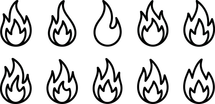 Outline icons of fire flames in various simple styles on white background vector illustration