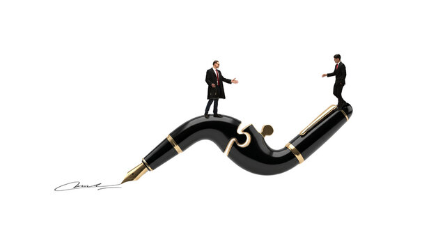 Business partners bridging gap between disconnected fountain pen pieces. Concept of merger consulting, vendor integration, conflict resolution and partnership development.