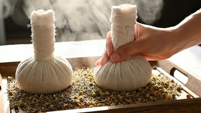 Steaming Herbal Poultices Wrapped In Unbleached White Linen For Natural Health Treatments On Wooden Tray