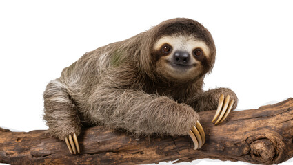 Three-toed sloth with long claws resting on a textured tree branch, isolated on transparent background © Iura