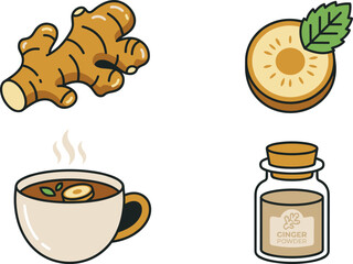 Ginger Tea and Root Product Vector Icon Set Featuring Fresh Ginger, Slice with Mint Leaf, Hot Herbal Drink, and Ground Powder Bottle Illustrations © Rtazmina
