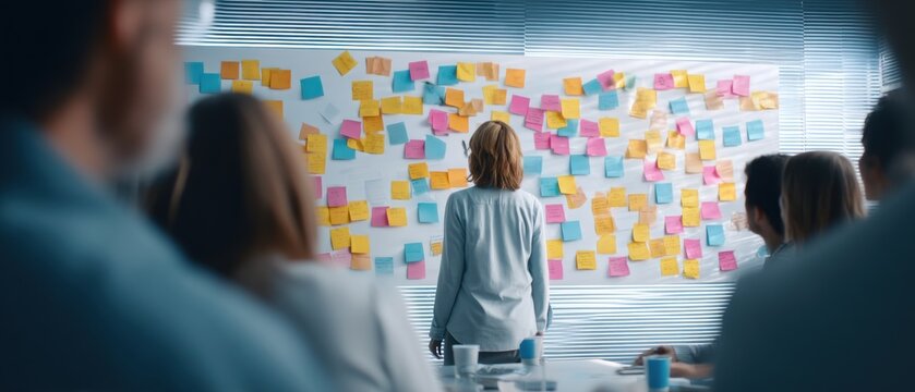 Woman leader brainstorming ideas with team in office. Diverse group engaged in project planning session using sticky notes on whiteboard. Collaboration and agile strategy teamwork concept.